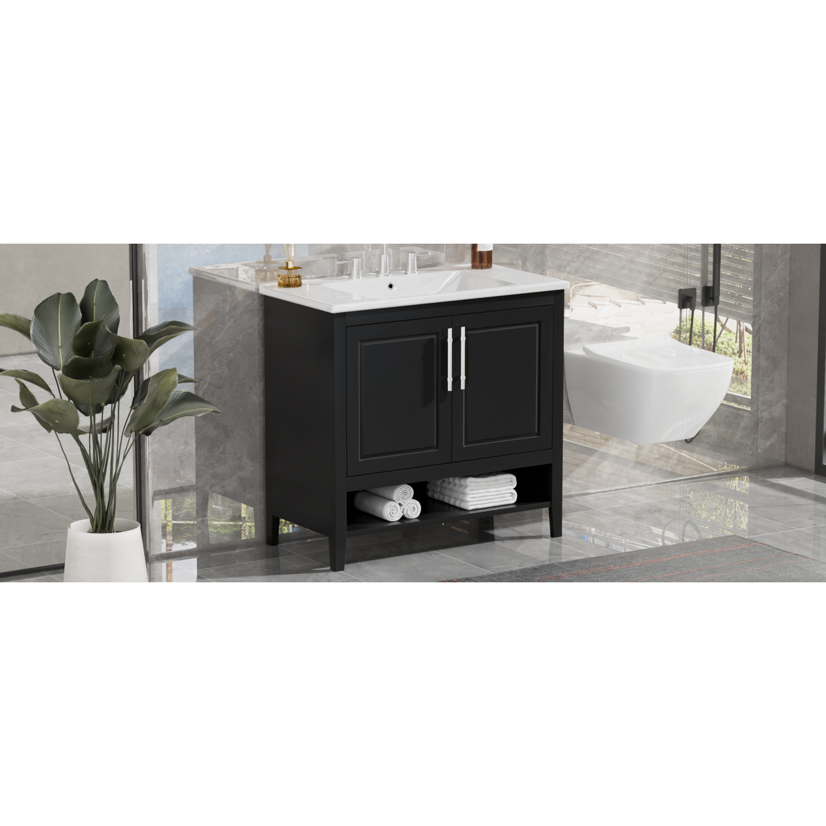 36" Bathroom Vanity with Sink, Multi-functional Bathroom Cabinet with Doors and Drawers, MDF Frame and MDF Board, Black