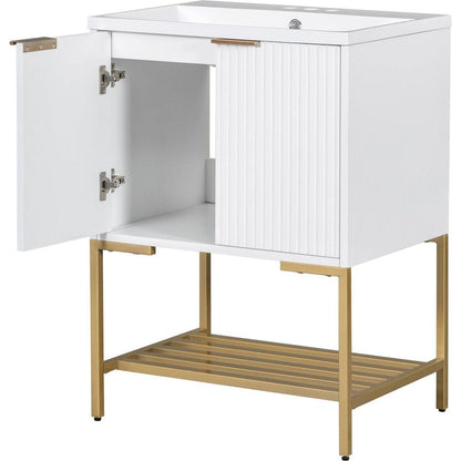 24" Bathroom Vanity with Sink, Bathroom Vanity Cabinet with Two Doors and Gold Metal Frame, Open Storage Shelf, White