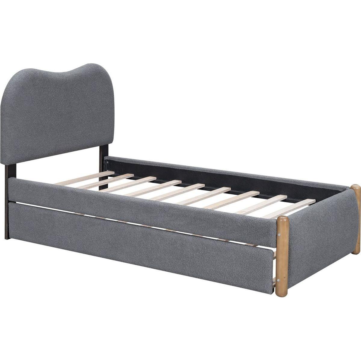 Twin Size Upholstered Platform Bed with Wood Supporting Feet and Twin Size Trundle, Gray