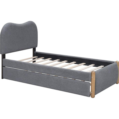 Twin Size Upholstered Platform Bed with Wood Supporting Feet and Twin Size Trundle, Gray