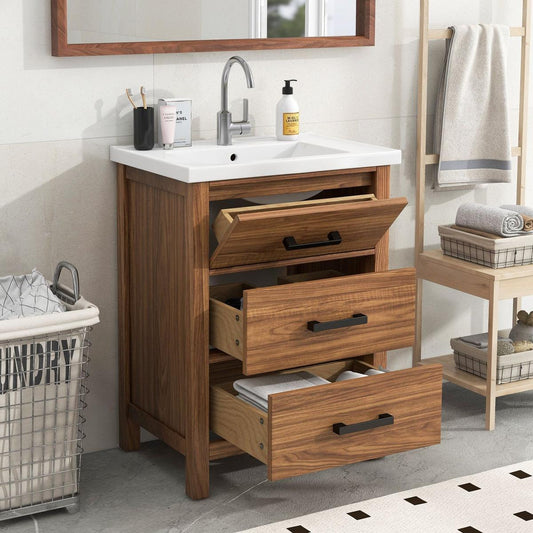 24" Bathroom Vanity with Ceramic Basin Sink, Modern Bathroom Storage Cabinet with 3 Drawers, Freestanding Bathroom Vanity Cabinet with Single Sink