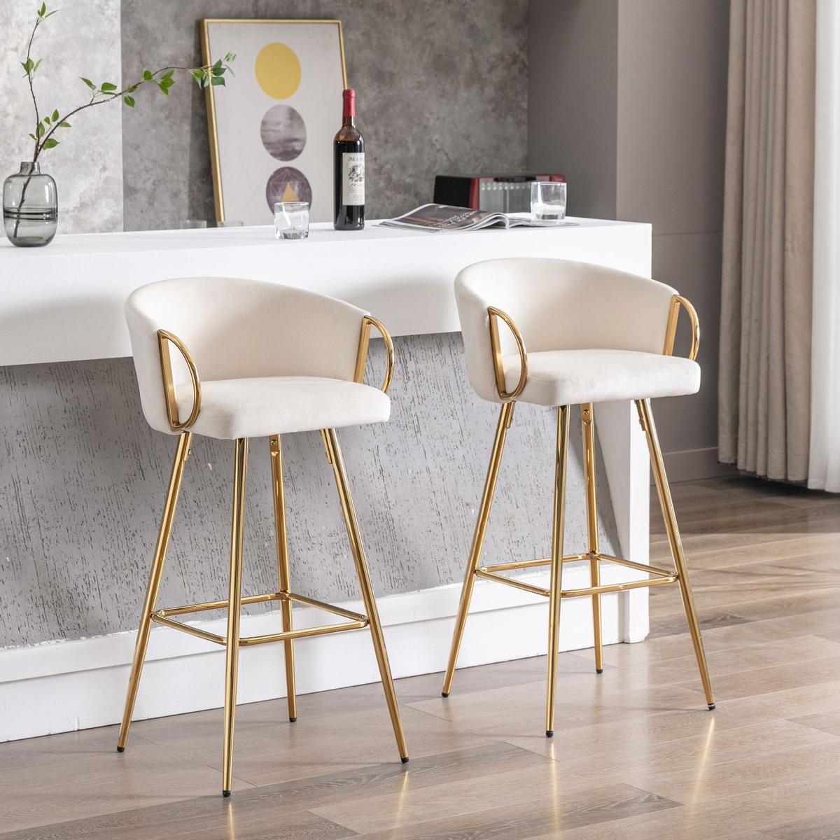 26 Inch Set of 2 Bar Stools,with Chrome Footrest and Base Velvet + Golden Leg Simple Bar Stoo,CREAM
