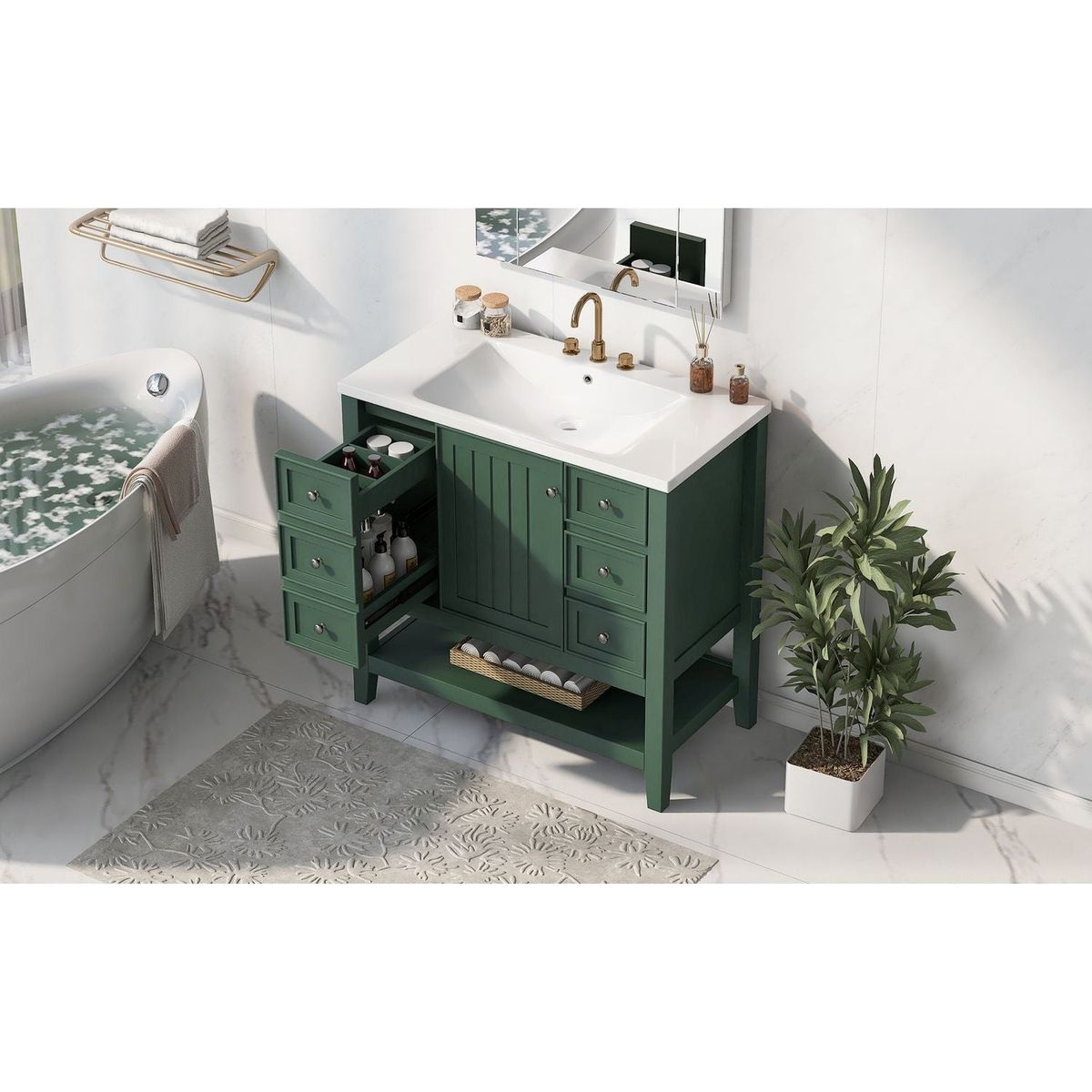 36" Bathroom Vanity with Sink Combo, One Cabinet and Three Drawers, Solid Wood and MDF Board, Green