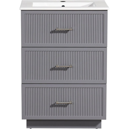 24 Inch Bathroom Vanity with Ceramic Sink Set, Modern Freestanding Bathroom Storage Cabinet with 2 Drawers, Floor Standing Bath Vanity Combo, Gray