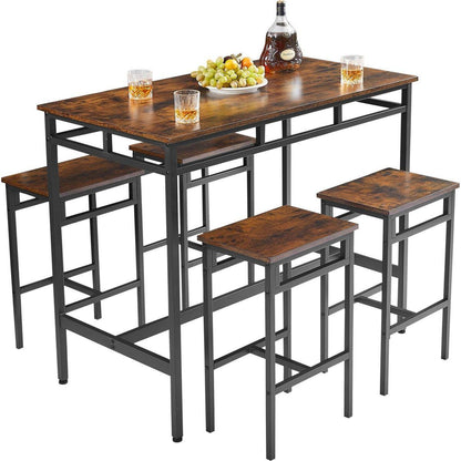 Bar table set 5PC Dinging table set with high stools, structural strengthening, industrial style. Rustic Brown, 43.31" L x 23.62" W x 35.43" H.