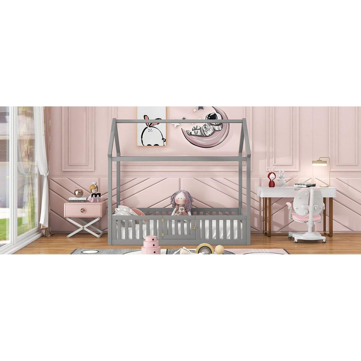 Twin Size Wood House Bed with Fence and Door, Gray