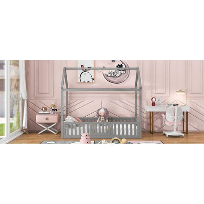 Twin Size Wood House Bed with Fence and Door, Gray