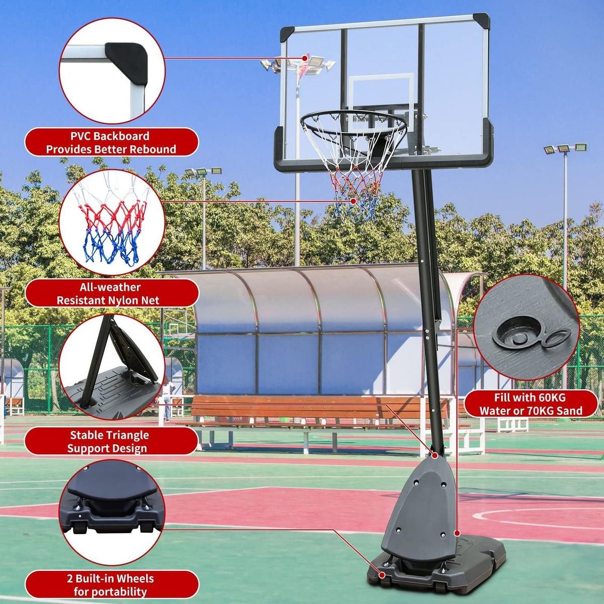 Height Adjustable 7 to 10ft Basketball Hoop 44 Inch Backboard Portable Basketball Goal System with Stable Base and Wheels, use for Outdoor