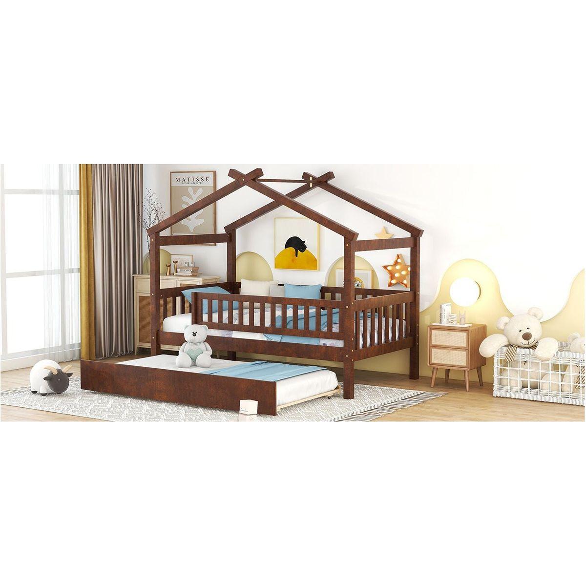 Twin Size Wooden House Bed with Twin Size Trundle, Walnut