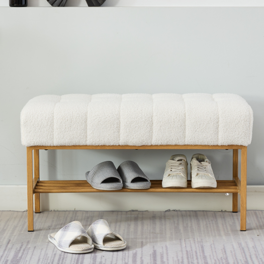End of Bed Bench with Shelf, Teddy fabric Upholstered Storage Shoe Bench, Modern Bedroom Bench with Metal Legs for Living Room, Entryway, Dining Room, 300 LB, Linen Color(White)
