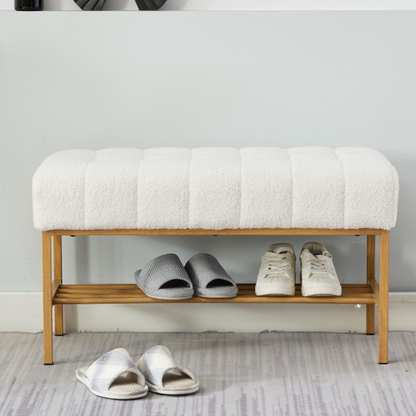 End of Bed Bench with Shelf, Teddy fabric Upholstered Storage Shoe Bench, Modern Bedroom Bench with Metal Legs for Living Room, Entryway, Dining Room, 300 LB, Linen Color(White)
