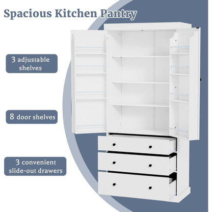 [Assembly Video Provided]77inch Farmhouse Kitchen Pantry, Freestanding Tall Cupboard Storage Cabinet with 3 Adjustable Shelves, 8 Door Shelves, 3 Drawers for Kitchen, Dining Room, White