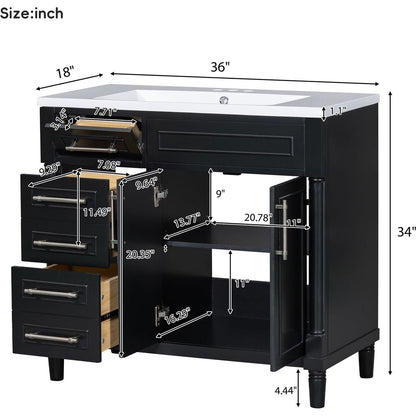 36" Bathroom Vanity with Top Resin Sink, Freestanding Bathroom Storage Cabinet with 2 Drawers and a Tip-out Drawer, Solid Wood Frame Vanity Set, Height Adjustable Shelf