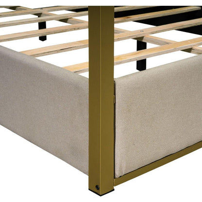 Queen Size Upholstery Canopy Platform Bed with Headboard and Metal Frame, Beige