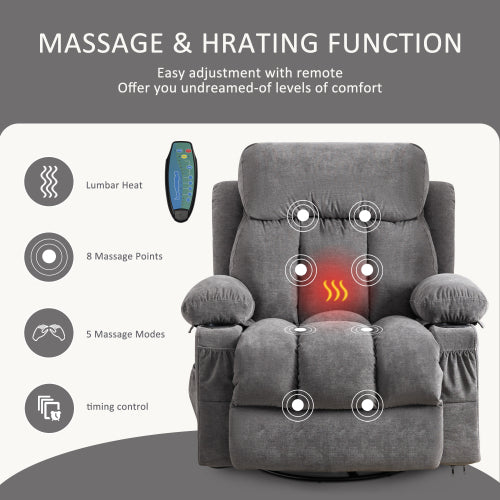 Vanbow.Swinging recliner massage heated sofa, with USB and 2 cup holders in side pockets, Package A and B (gray velvet)