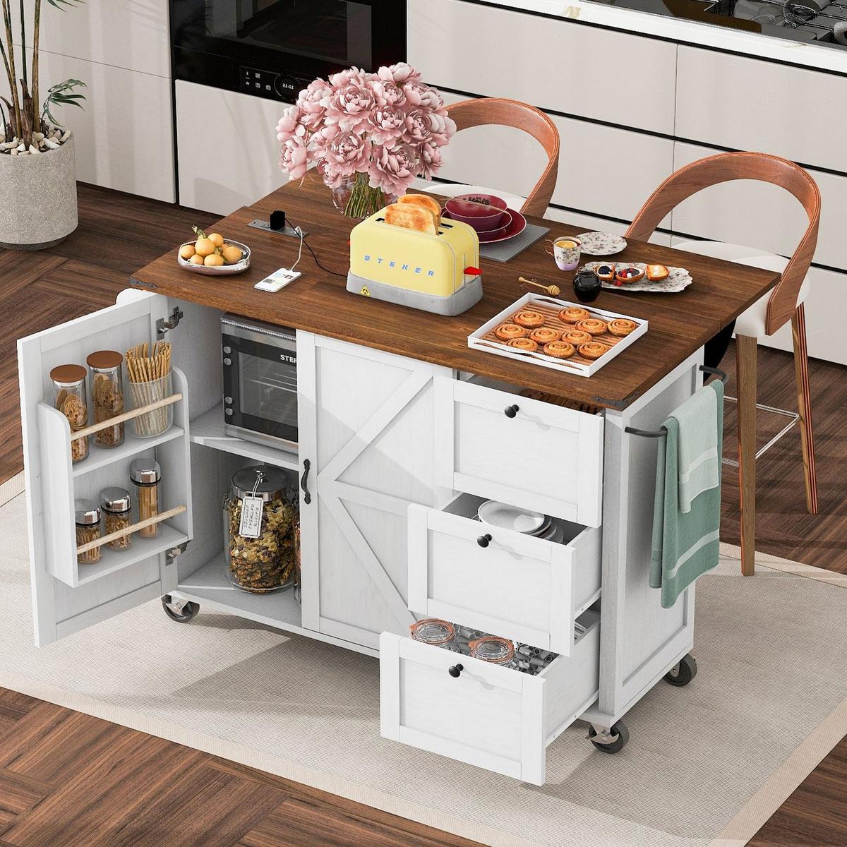 54.5" Farmhouse Kitchen Island with Power Outlet, Kitchen Storage Island with Internal Storage Rack, Drop Leaf, Spice Rack, Rolling Kitchen Cart on Wheels, for Home, Kitchen and Dining Room,White