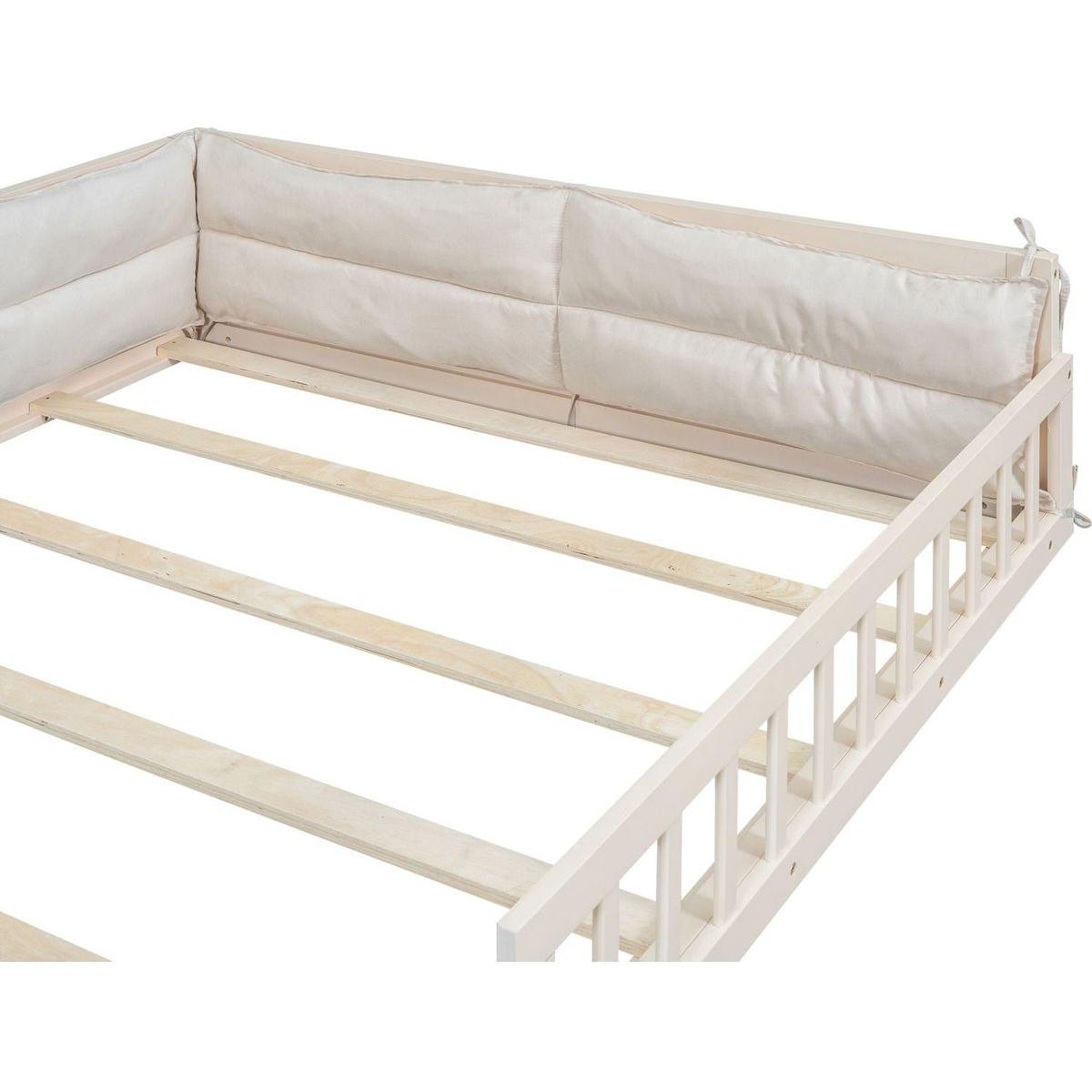 Wood Full Size Upholstered Platform Bed with Guardrail and Pillow, Beige