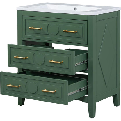 30" Bathroom Vanity with Resin Sink Combo, Free Standing Single Vanity Set with 3 Drawers, Solid Wood Frame Bathroom Storage Cabinet, Green