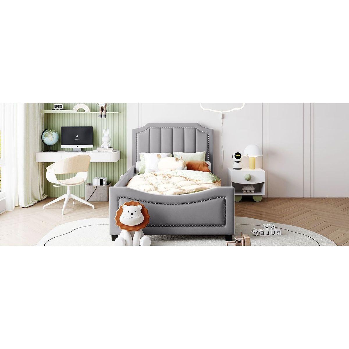 Twin Size Upholstered Daybed with Classic Stripe Shaped Headboard, Gray