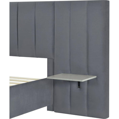 Queen Size Upholstered Platform Bed with Big Headboard, Bedroom Furniture, Velvet, Gray