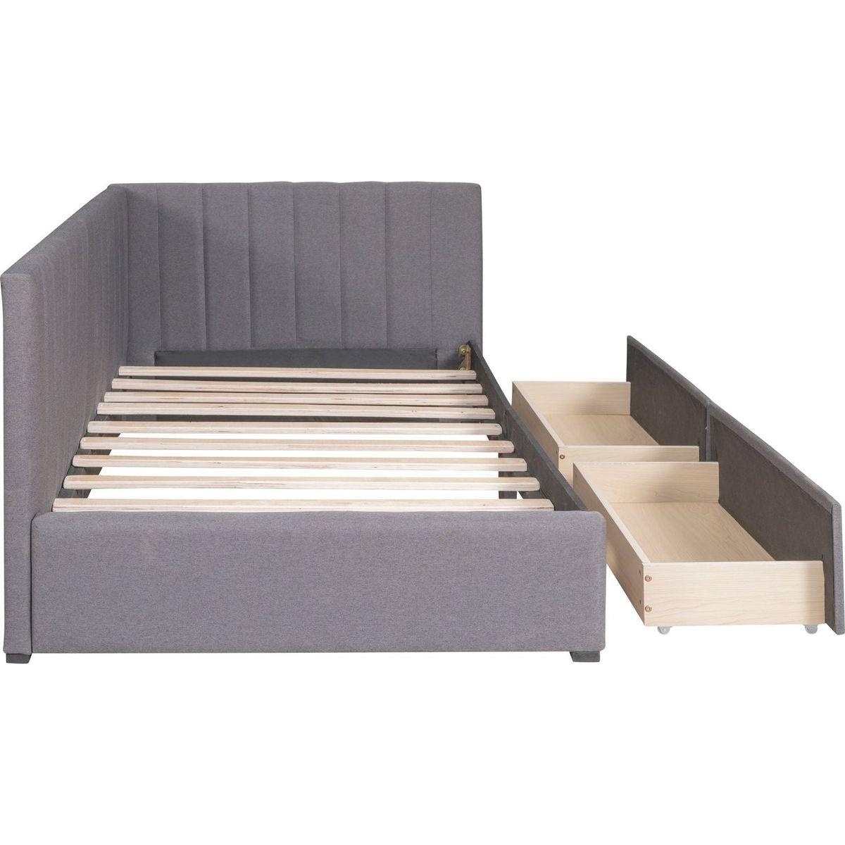 Upholstered Daybed with 2 Storage Drawers Twin Size Sofa Bed Frame No Box Spring Needed, Linen Fabric (Gray)