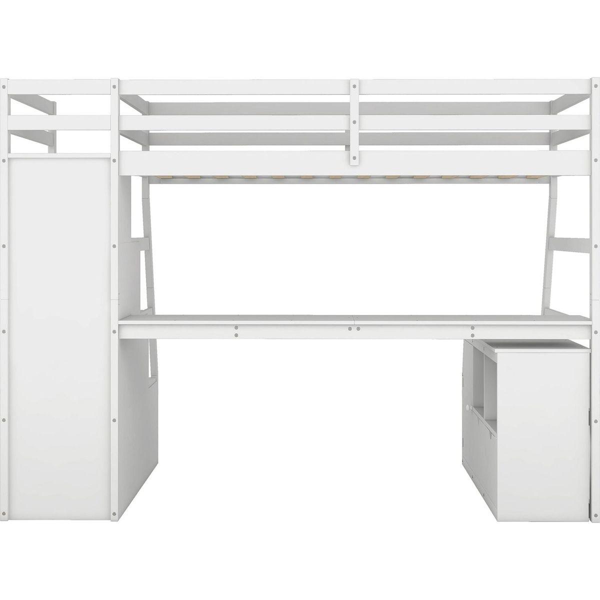 Twin Size Loft Bed with 7 Drawers 2 Shelves and Desk - White