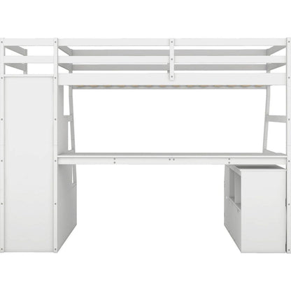 Twin Size Loft Bed with 7 Drawers 2 Shelves and Desk - White