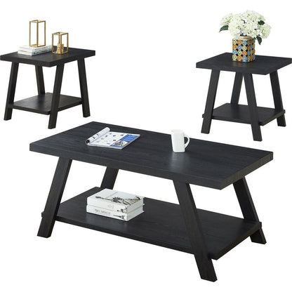 Athens Contemporary Replicated Wood Shelf Coffee Set Table in Black Finish