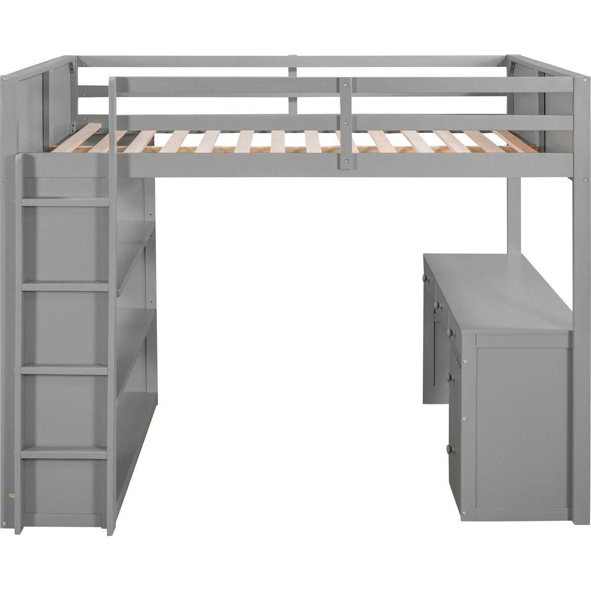 Full Size Loft Bed with Ladder, Shelves, and Desk, Gray