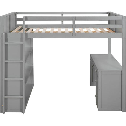 Full Size Loft Bed with Ladder, Shelves, and Desk, Gray
