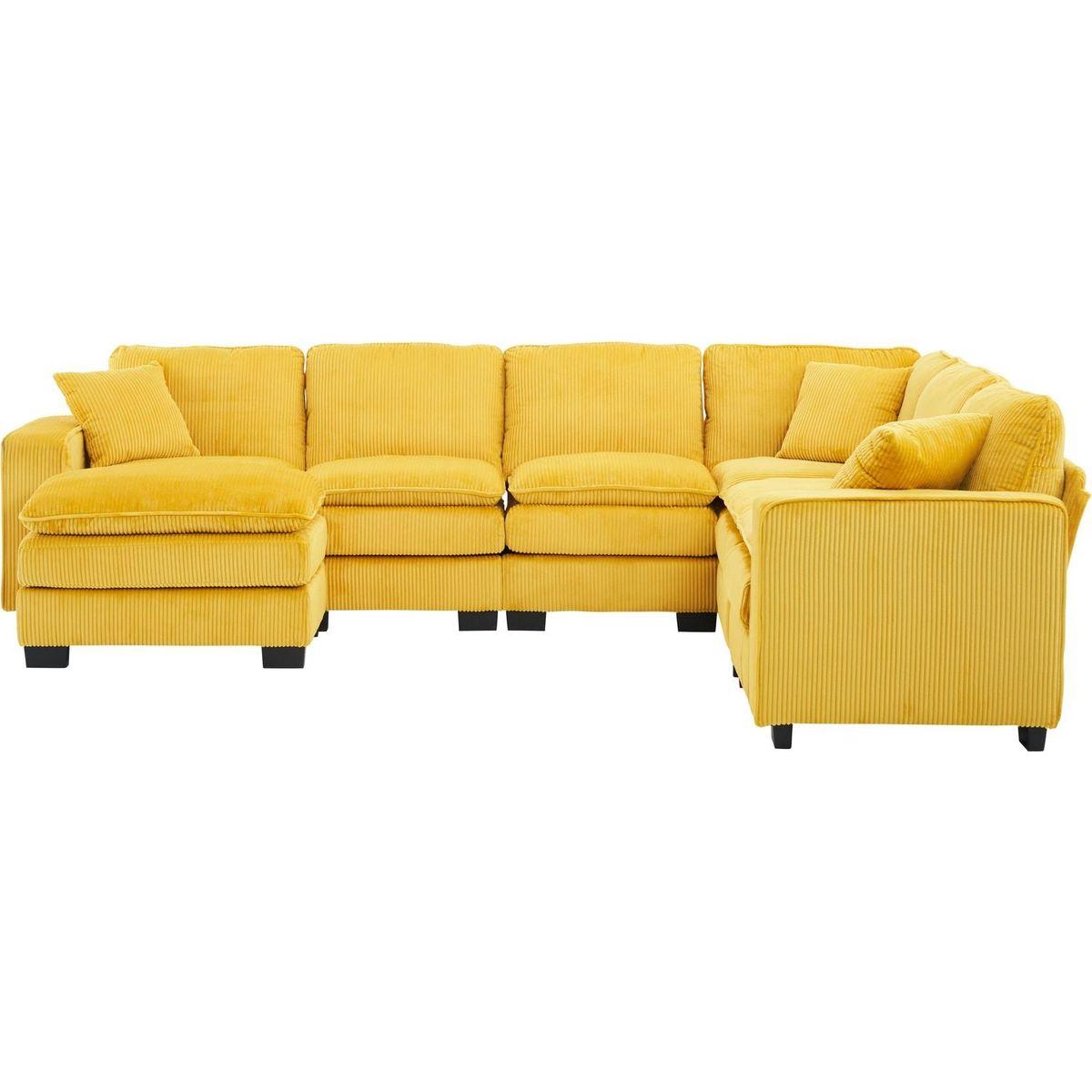 Modern U Shaped 6-seat Sectional Sofa Couch with one Ottoman and three toss pillows, Modular Sofa for Living Room,Corduroy sofa