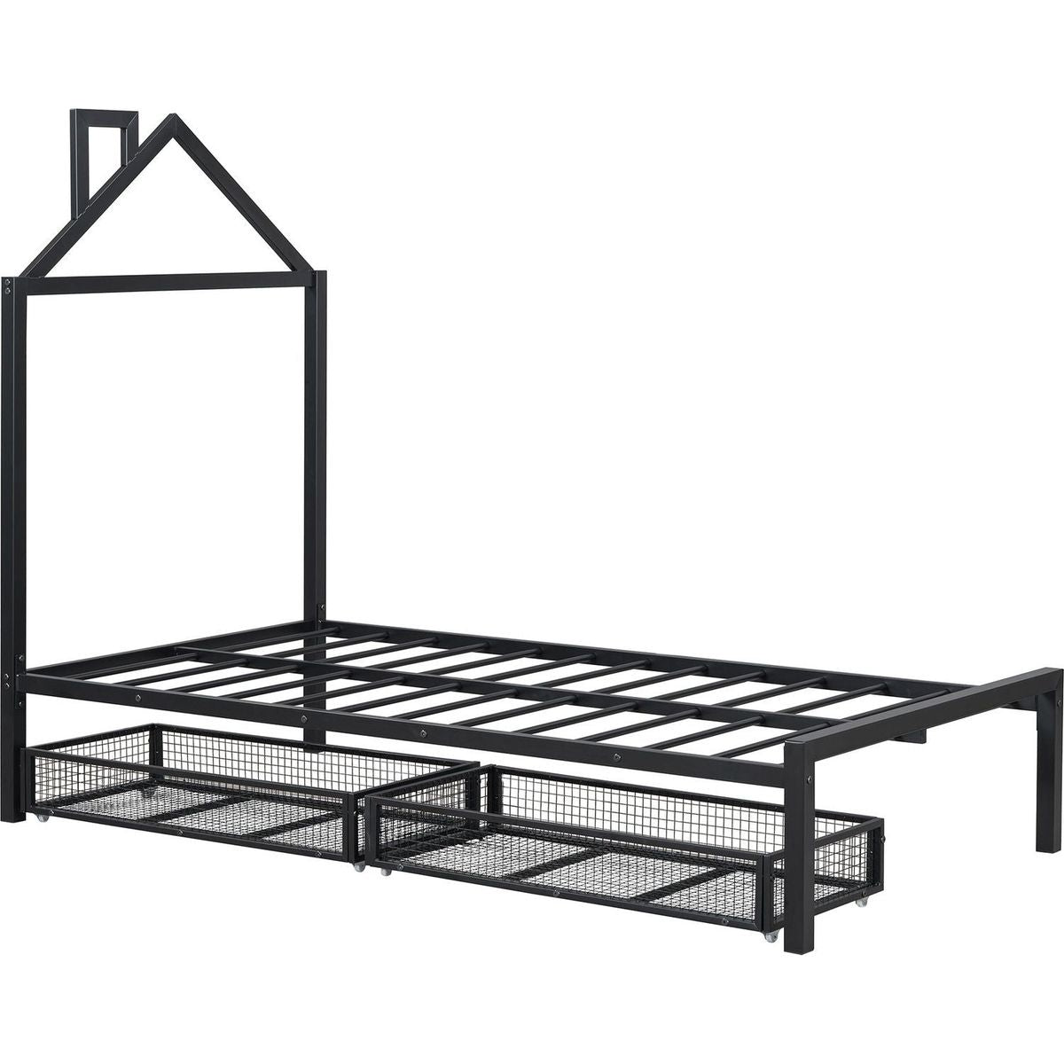Twin Size Metal Platform Bed with two drawers,House-Shaped Headboard Design, Black
