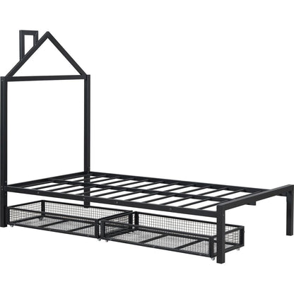 Twin Size Metal Platform Bed with two drawers,House-Shaped Headboard Design, Black