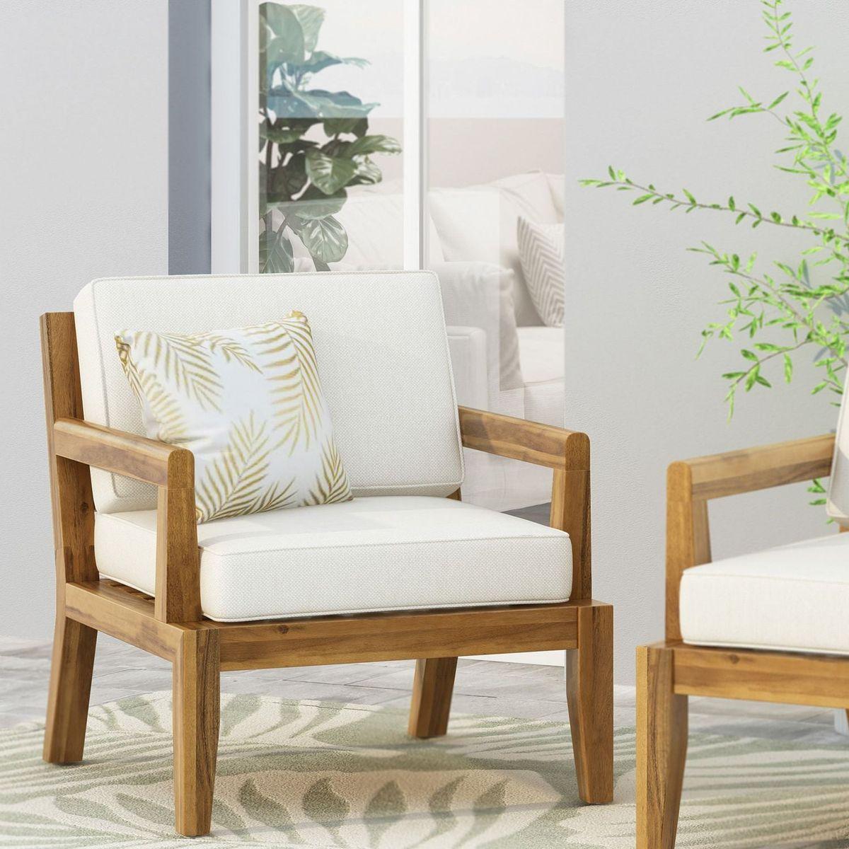 Outdoor Club Chairs with Cushions, 29" H X 26.5" W X 29" D, acacia wood + Teak Finish + Beige
