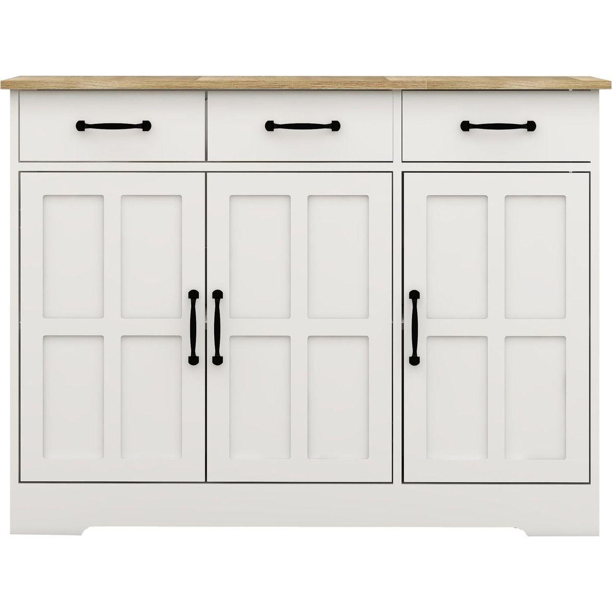 Farmhouse Buffet Cabinet Storage Sideboard with 3 Drawers and 3 Doors for Dining Living Room Kitchen Cupboard-White