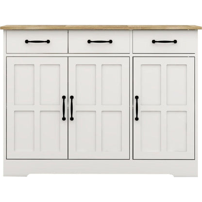 Farmhouse Buffet Cabinet Storage Sideboard with 3 Drawers and 3 Doors for Dining Living Room Kitchen Cupboard-White