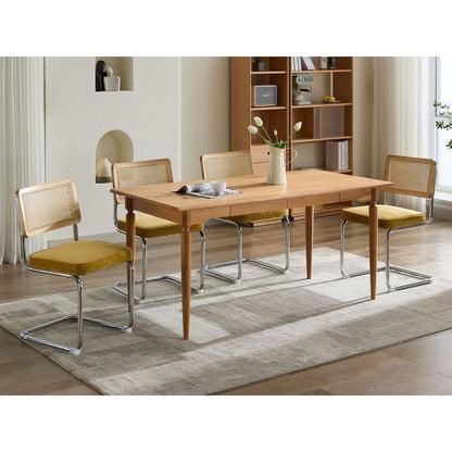 Mid Century Modern Dining Chairs Set of 2, Velvet Accent Chairs with Natural Cane Back & Stainless Chrome Base, Famous Breuer Designed Chairs, Upholstered Rattan Kitchen Chairs,Golden