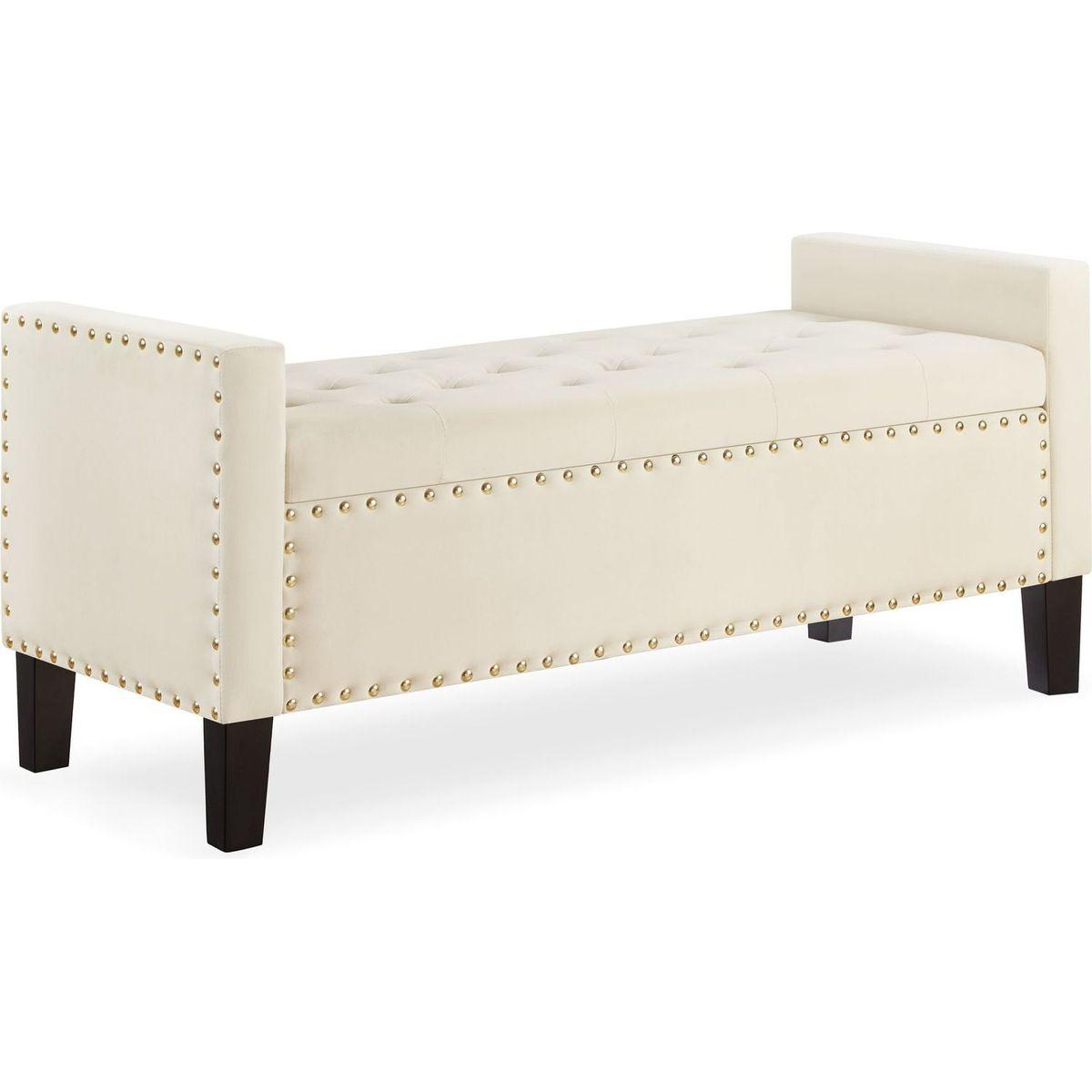 Upholstered Tufted Button Storage Bench with nails trim,Entryway Living Room Soft Padded Seat with Armrest,Bed Bench - Cream