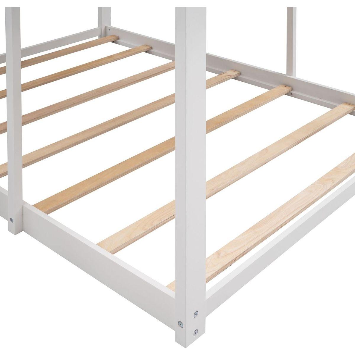 Full Over Full WoodBunk Bed with Roof, Window, Guardrail, Ladder(White)