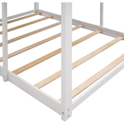 Full Over Full WoodBunk Bed with Roof, Window, Guardrail, Ladder(White)