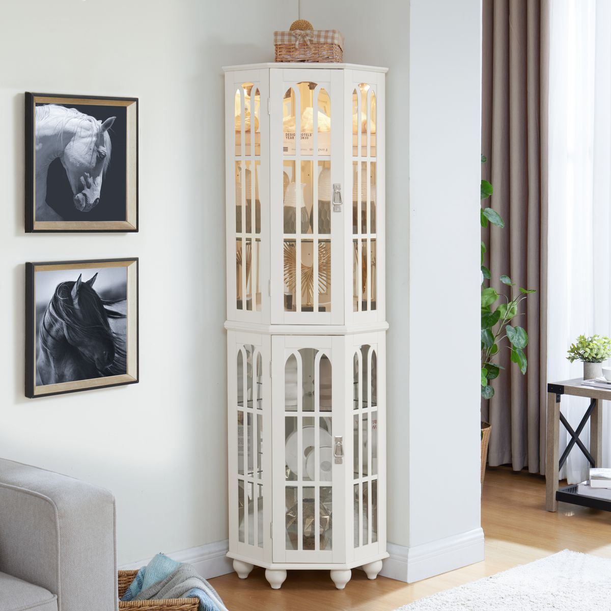 Corner Curio Cabinet with 4 Adjustable Tempered Glass Shelves and Lighting System, Solid Wood Legs,Acrylic Mirrored Back Panel(E26 light bulb not included)