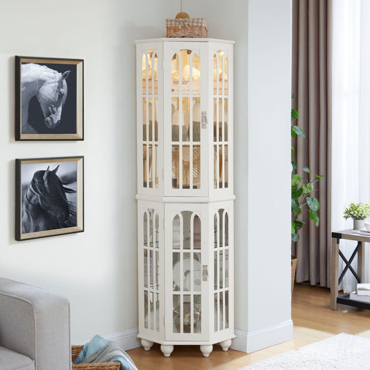 Corner Curio Cabinet with 4 Adjustable Tempered Glass Shelves and Lighting System, Solid Wood Legs,Acrylic Mirrored Back Panel(E26 light bulb not included)
