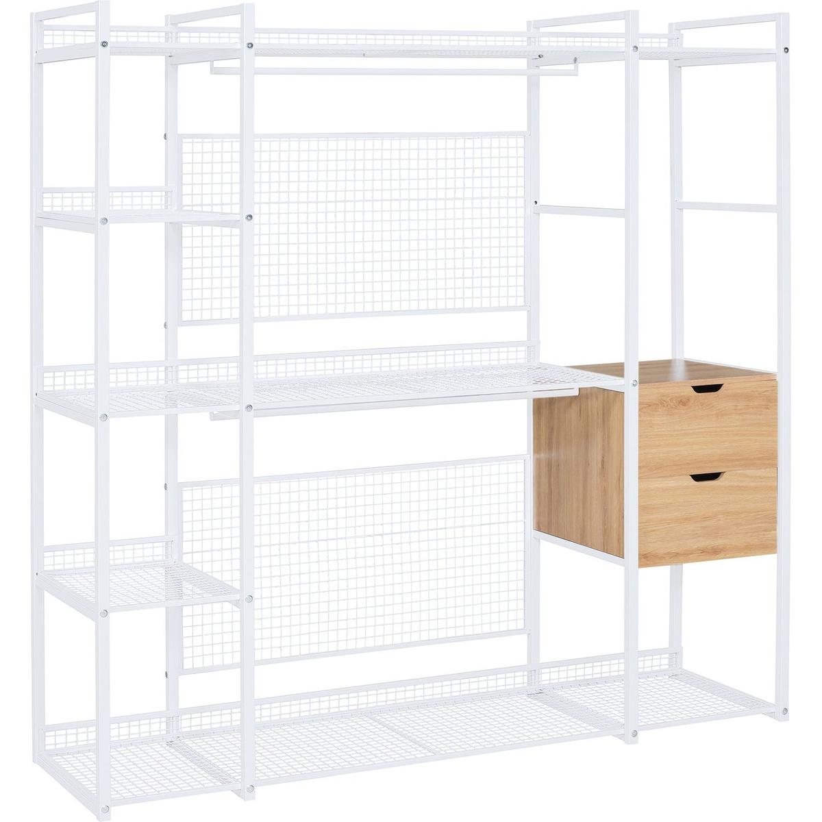 Open-Style Wardrobe with Hanging Rails, Shelves and Drawers, White