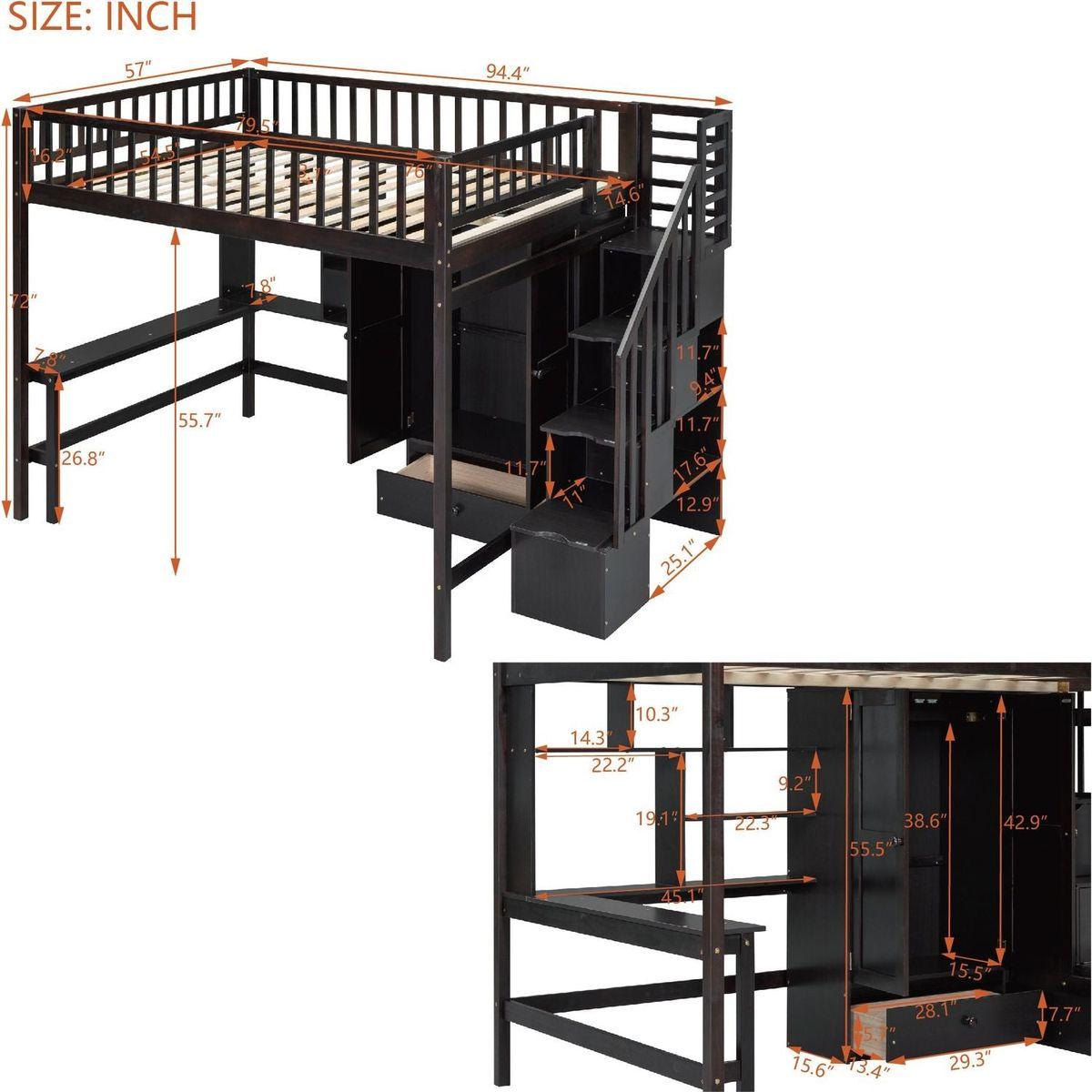Full size Loft Bed with Bookshelf,Drawers,Desk,and Wardrobe-Espresso