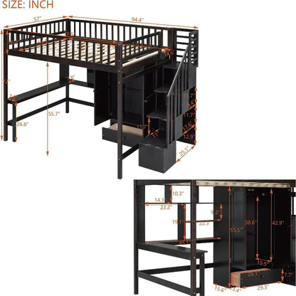 Full size Loft Bed with Bookshelf,Drawers,Desk,and Wardrobe-Espresso