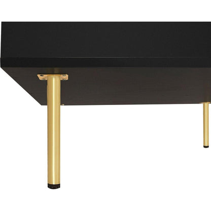 Exquisite High Gloss Coffee Table with 4 Golden Legs and 2 Small Drawers, 2-Tier Square Center Table for Living Room, Black