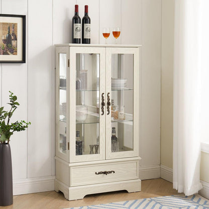 Glass Cabinet Lighted Glass Cabinet Curio Display Cabinet with Adjustable Glass Shelves 2 Doors and 1 drawer Cabinet Bulb Included White