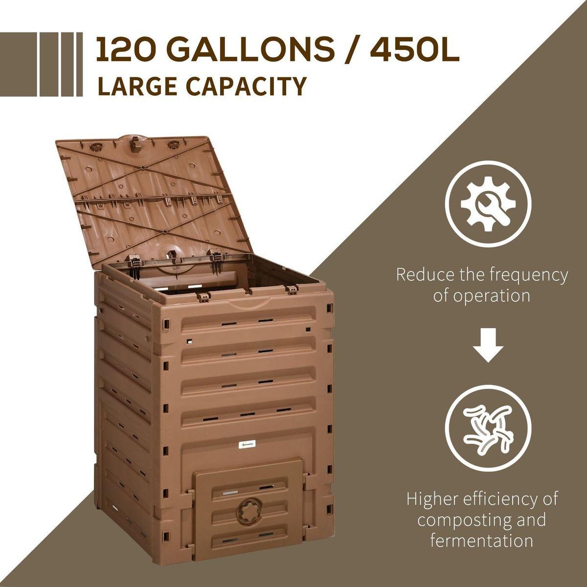 Garden Compost Bin, 120 Gallon (450L) Garden Composter, BPA Free, with 80 Vents and 2 Sliding Doors, Lightweight & Sturdy, Fast Creation of Fertile Soil, Brown