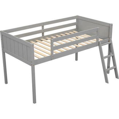 Twin Size Wood Low Loft Bed with Ladder, ladder can be placed on the left or right, Gray