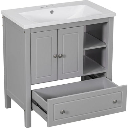 30" Bathroom Vanity with Sink, Bathroom Storage Cabinet with Doors and Drawers, Solid Wood Frame, Ceramic Sink, Grey